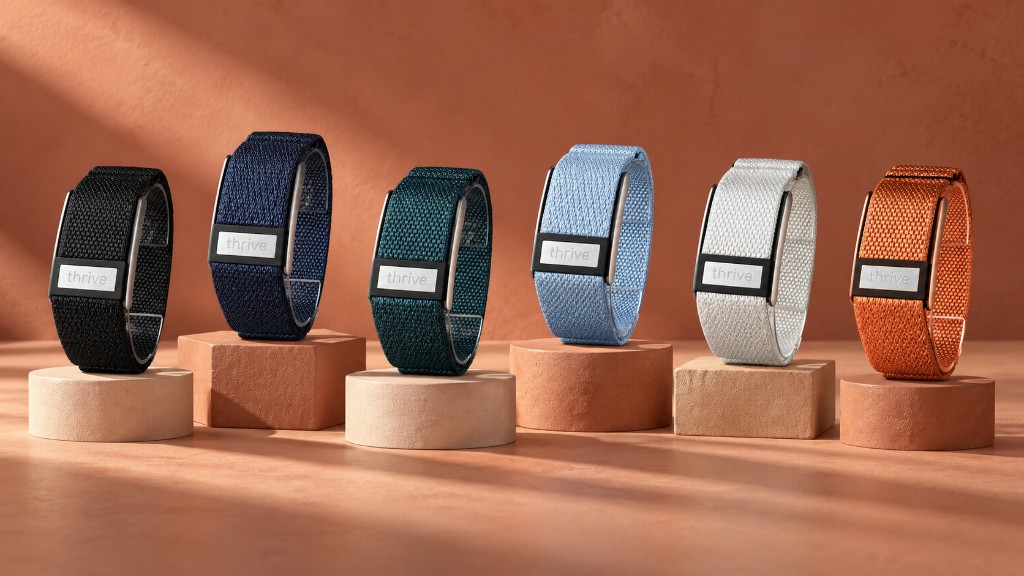 Six Thrive Bands in Wetsuit, Deep End, Daintree, Shallows, Flat White and Outback, displayed on stone pedestals
