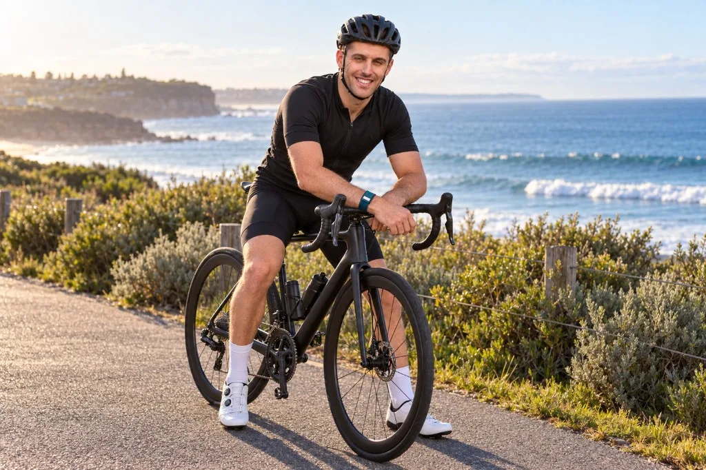 Anton De Pasquale on a coastal road bike, wearing a Daintree Thrive Band.
