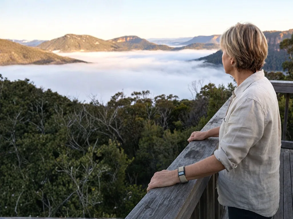 A woman on a mountain lookout wearing the Thrive Band in Flat White, looking across a valley of cloud