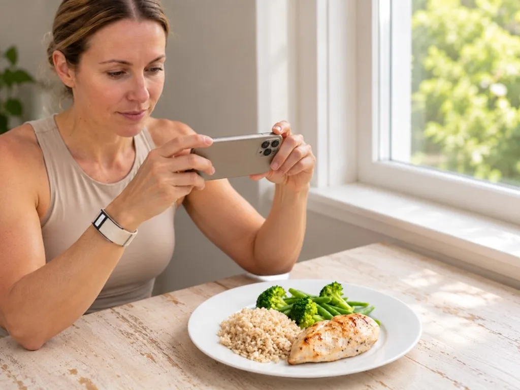 A woman wearing the Thrive Band photographing a plate of chicken, rice and greens at a sunlit table