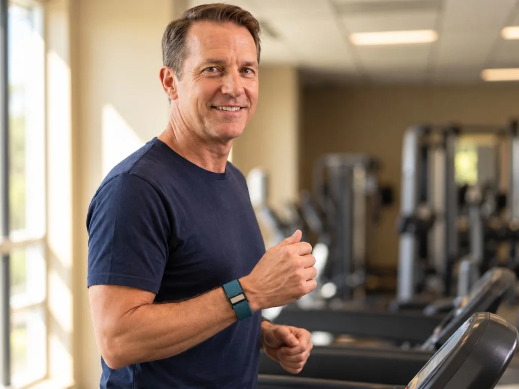 A man on a treadmill wearing the Thrive Band, smiling toward the camera in a gym