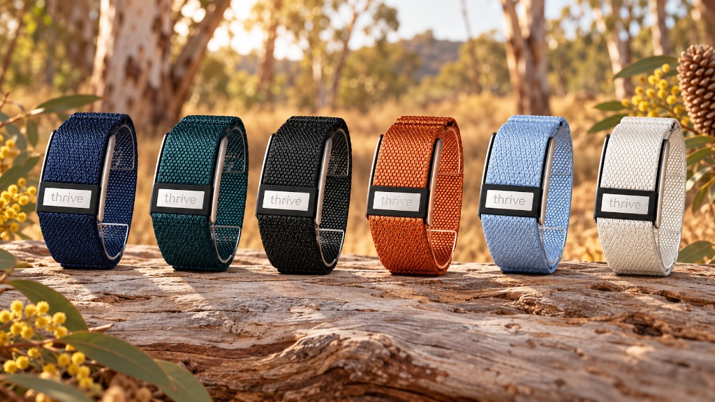 Six Thrive Bands in Deep End, Daintree, Wetsuit, Outback, Shallows and Flat White, lined up on a weathered log in the bush