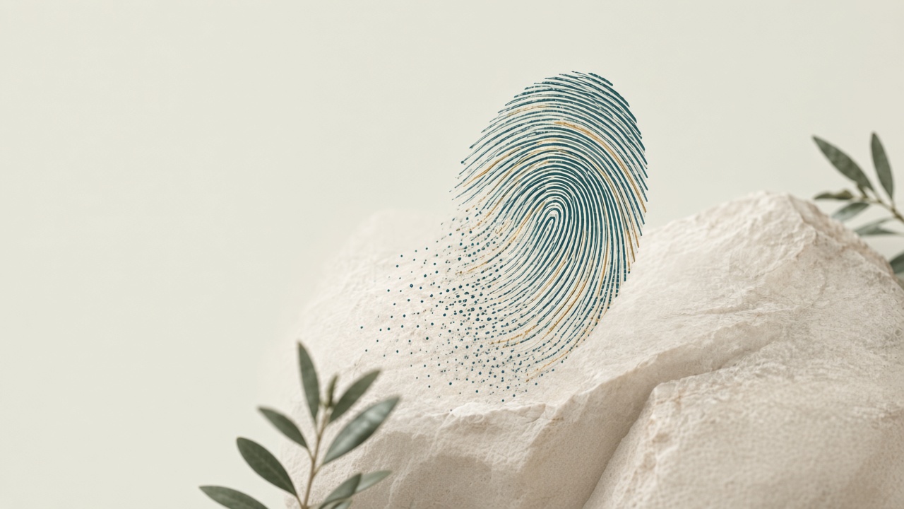 A teal fingerprint forming on pale stone, dissolving into particles