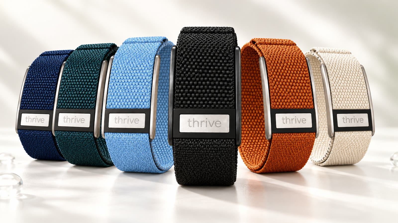 Thrive bands in six colours: Deep End, Daintree, Shallows, Wetsuit, Outback and Flat White