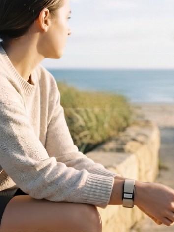 A woman by the ocean wearing a Thrive band