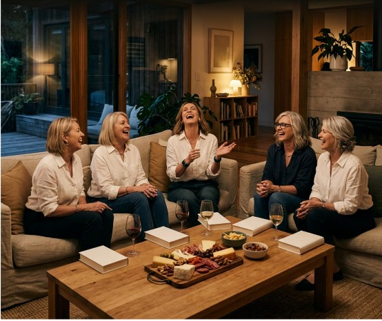 Friends laughing together on a sofa, one wearing Thrive Loops bands