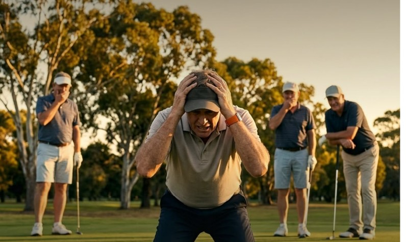 Golfers on a course, one reacting after a putt