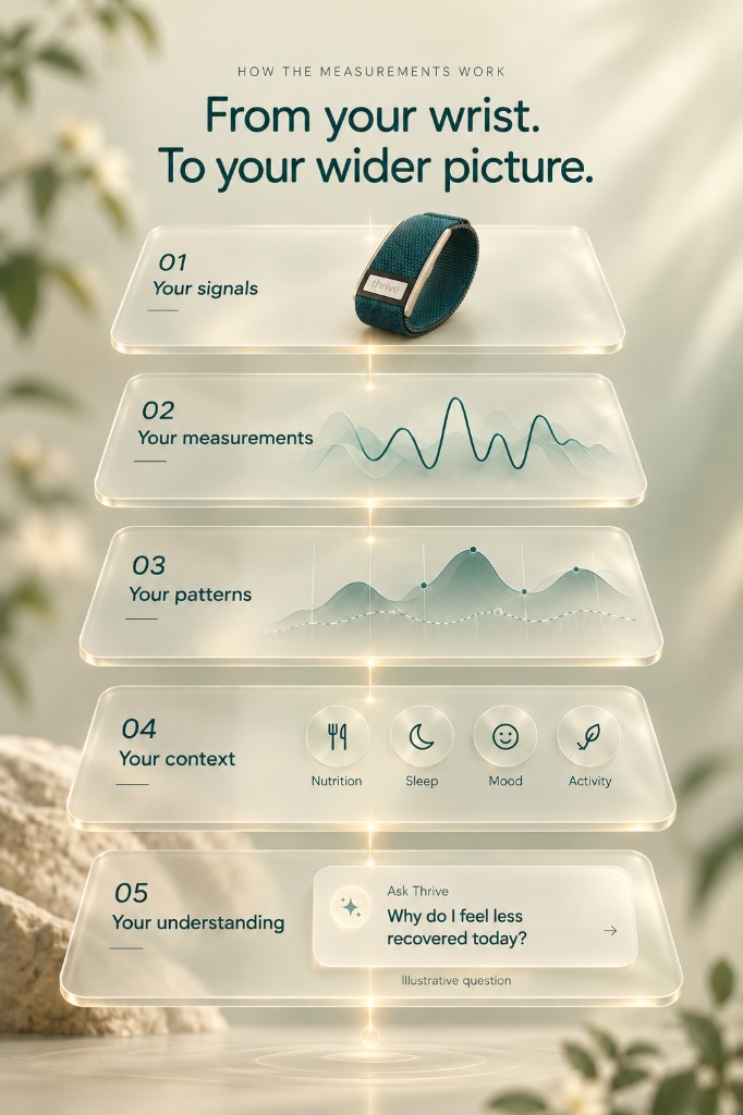 From your wrist to your wider picture: Thrive turns signals into measurements, patterns and context, then Ask Thrive helps you understand them