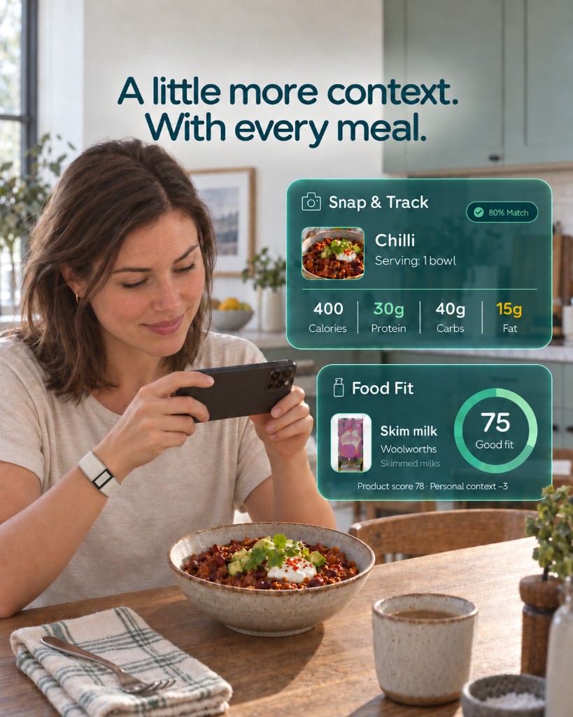A woman photographing a bowl of chilli at a kitchen table, with Thrive Snap and Track and Food Fit overlays showing meal nutrition and a product fit score
