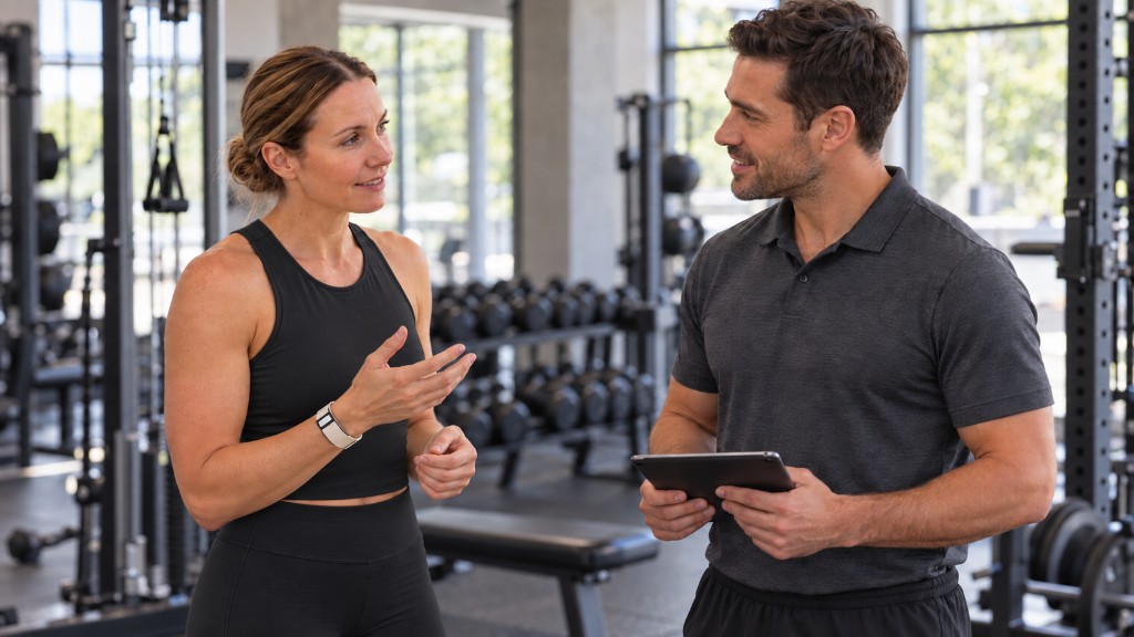 A trainer talking with a gym member who is wearing a wrist band