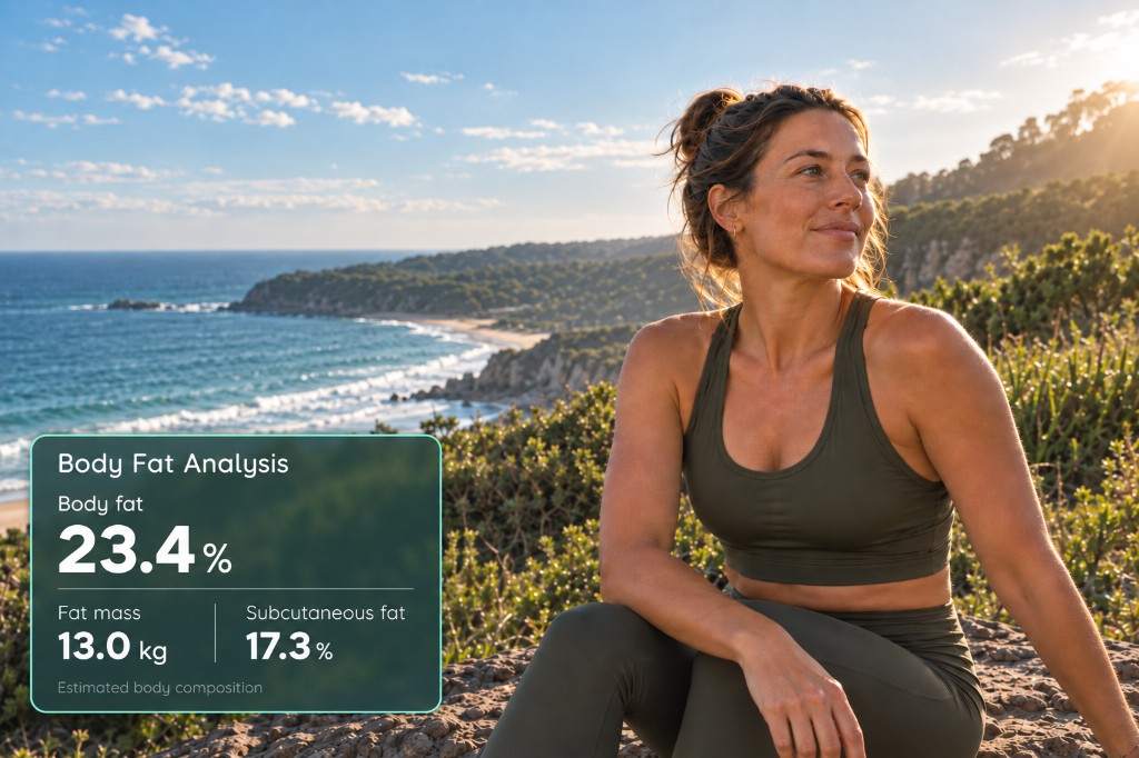 A woman on a coastal headland with a Thrive card reading body fat 23.4 percent, fat mass 13.0 kilograms