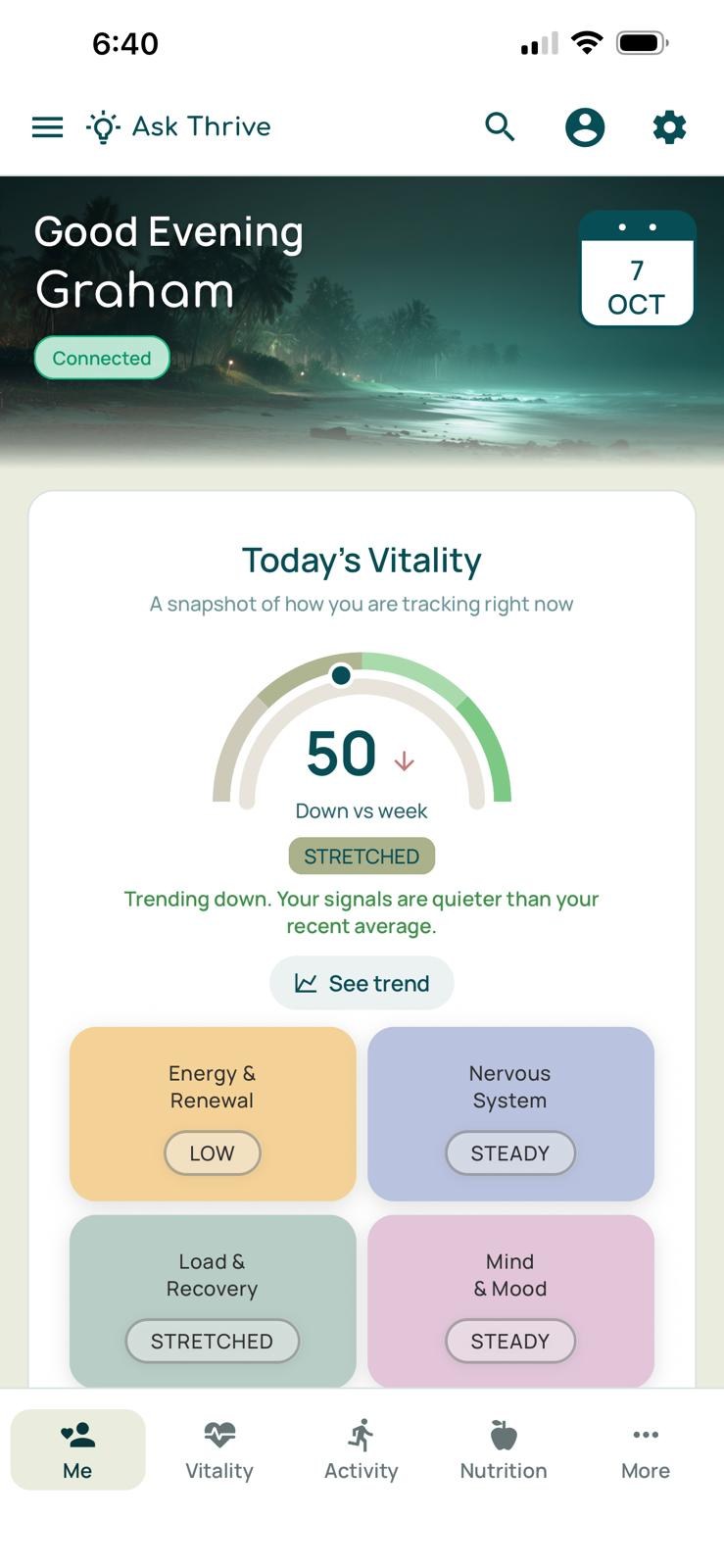 Thrive app: Today's Vitality is 50, down vs week, Stretched